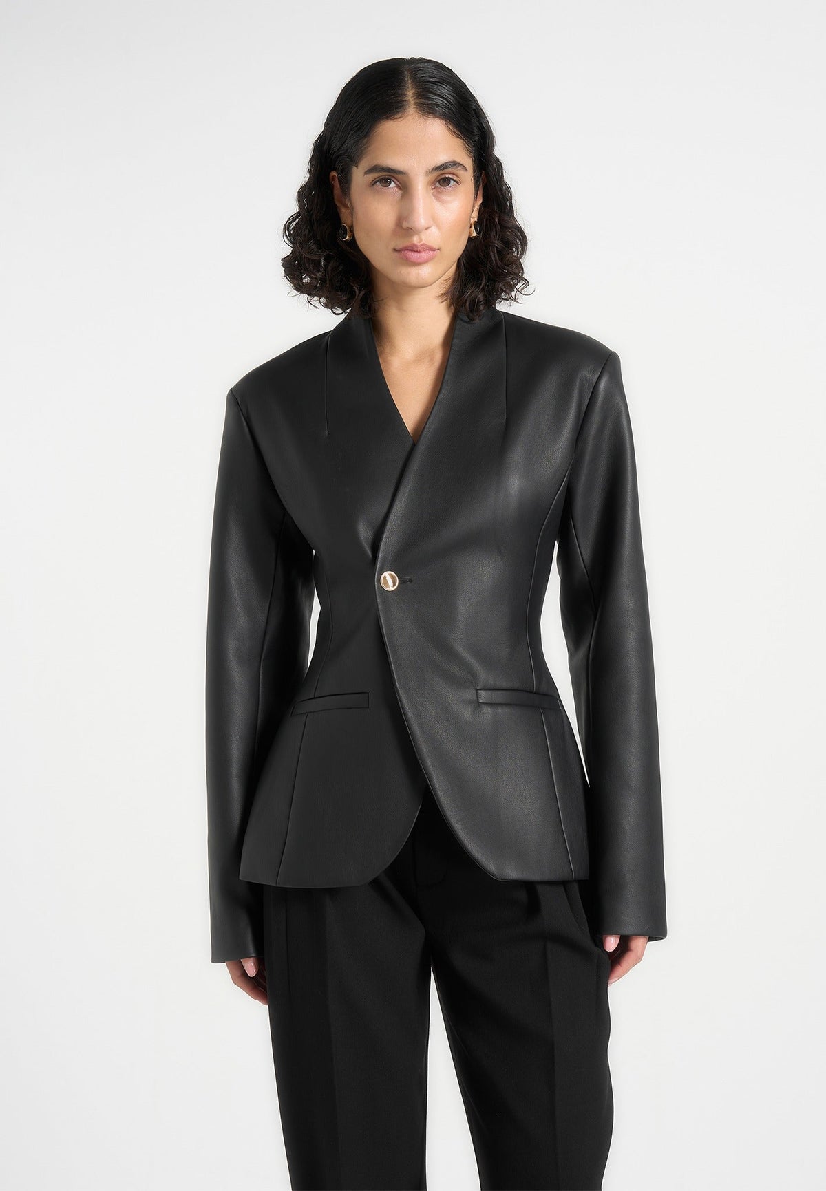 Ina - Leather Cinched Waist Kimono Blazer - Black