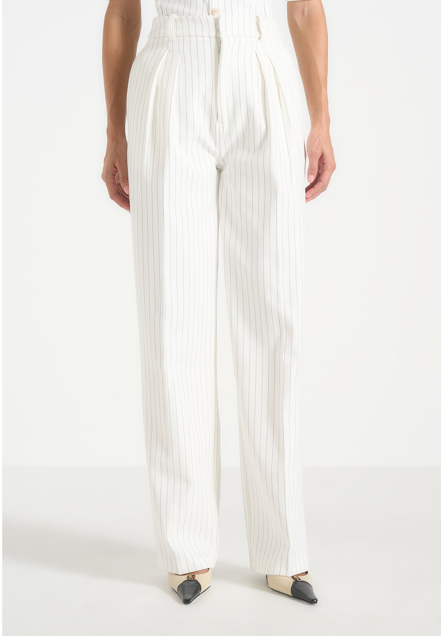 Julie - Pinstripe Twin Pleat Tailored Pants - White