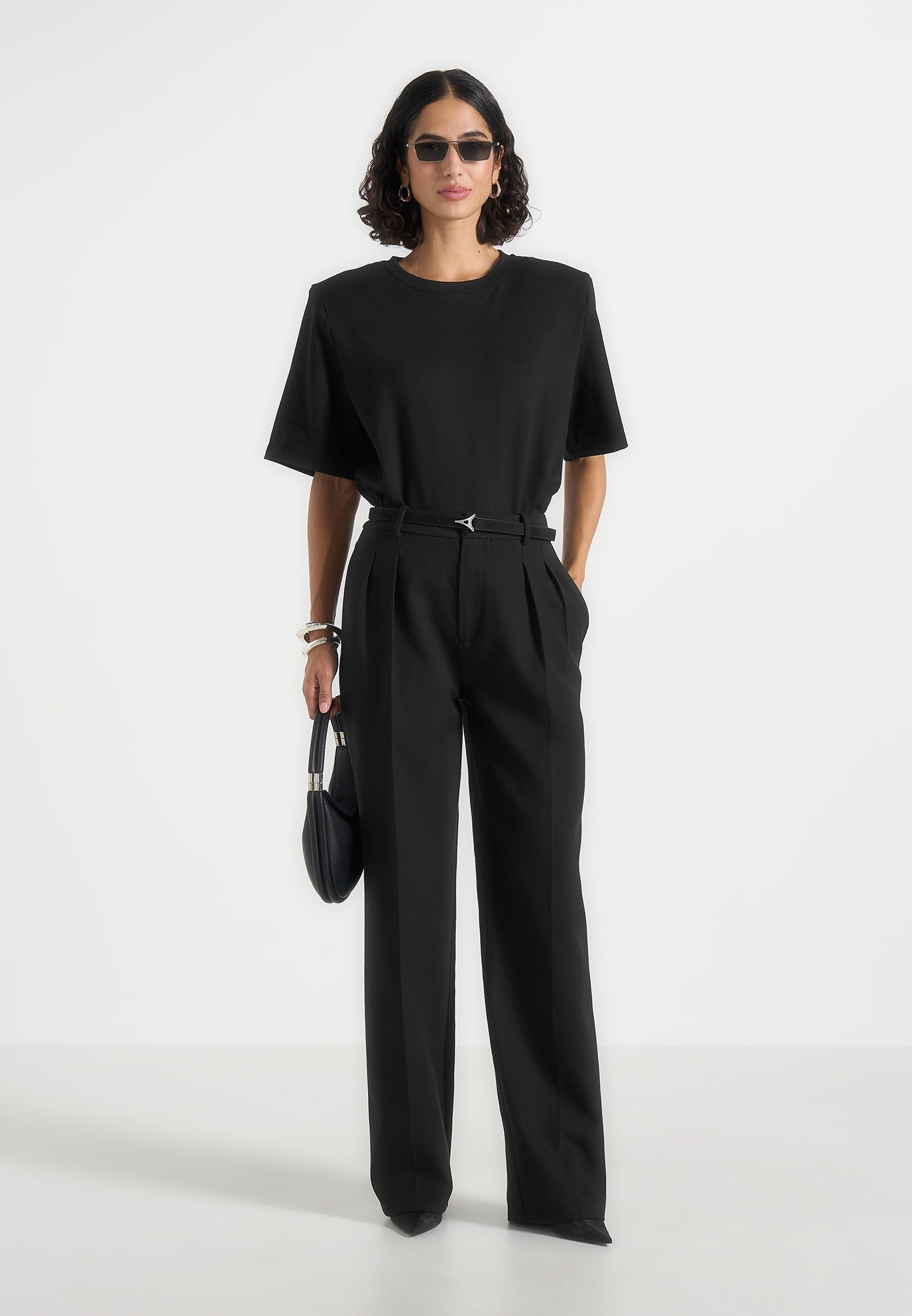 BS002 - Wide Shoulder Bodysuit T-Shirt - Black 