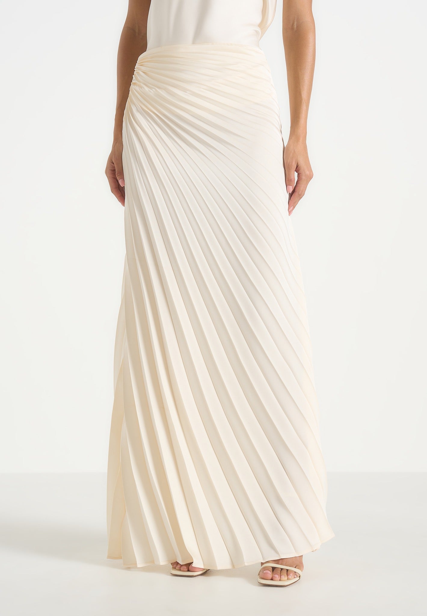 Fiona - Satin Fan Pleat Maxi Skirt - Ivory