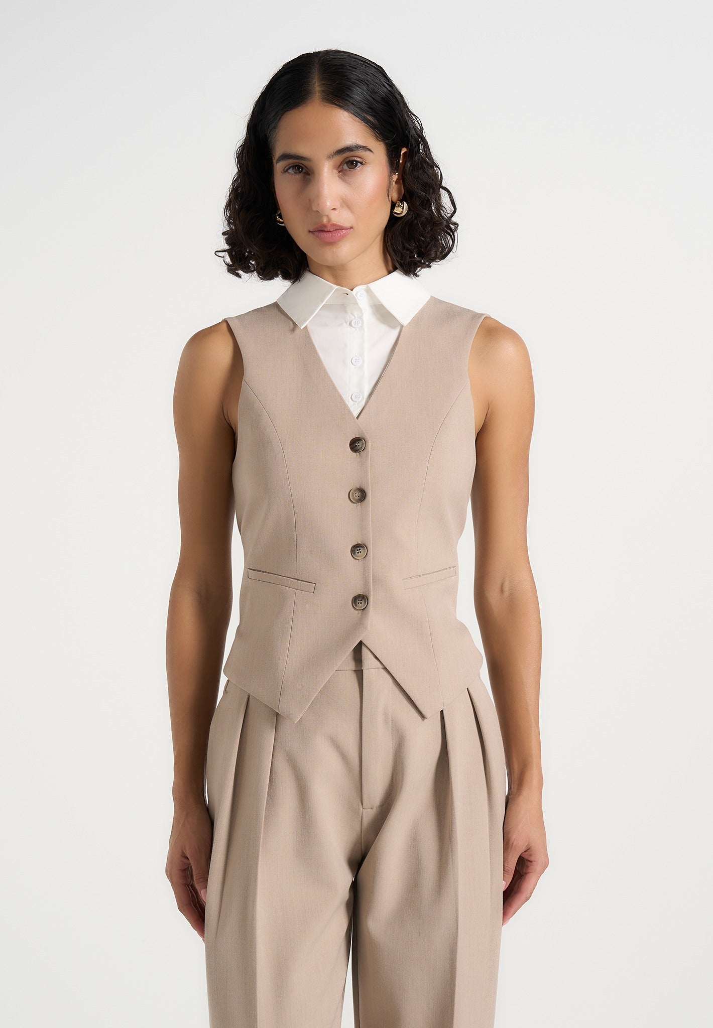 Irene - Collar Detail Cinched Suit Vest - Beige/White