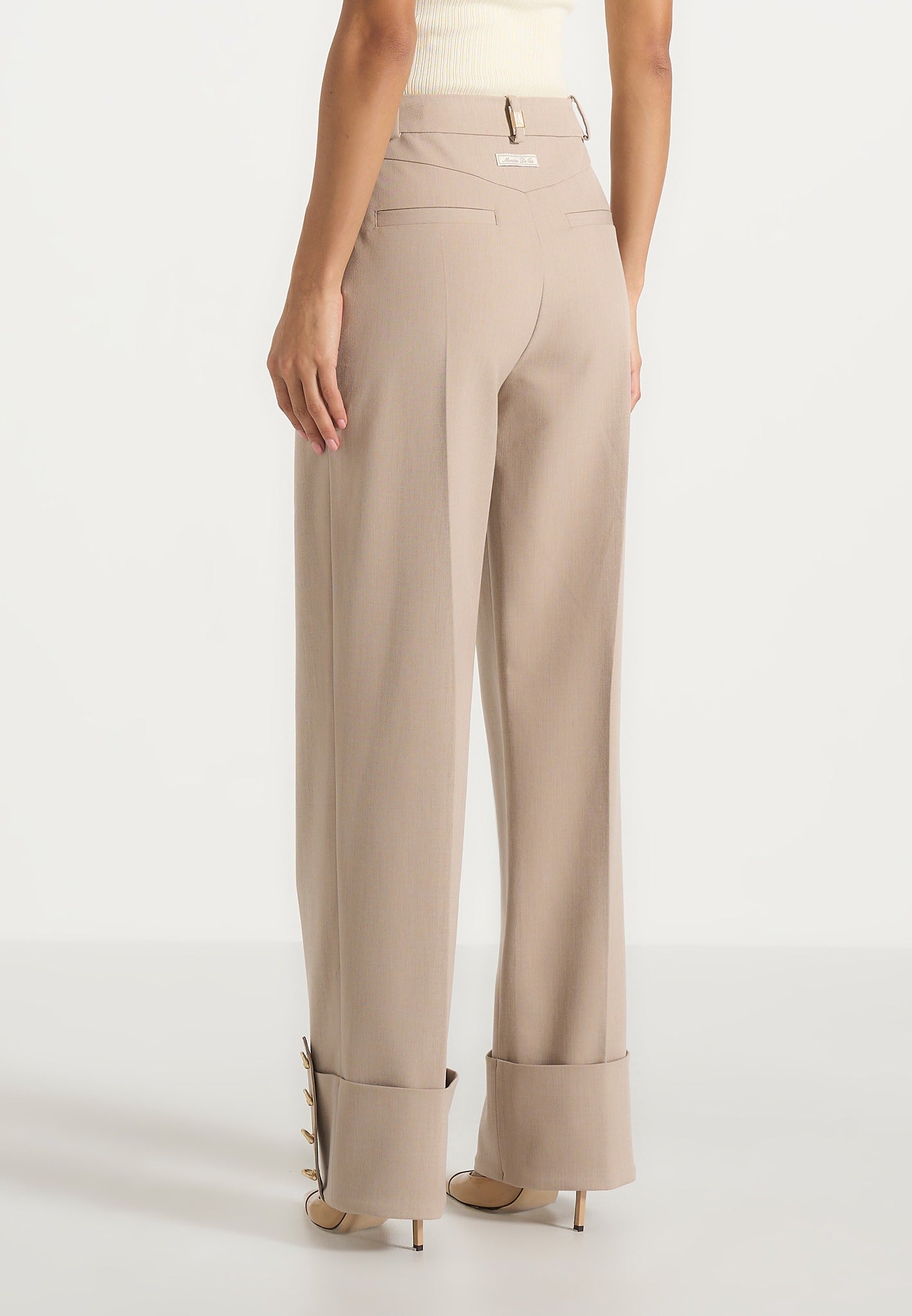 Darlene - Turn Up Detail Tailored Twin Pleat Pants - Beige
