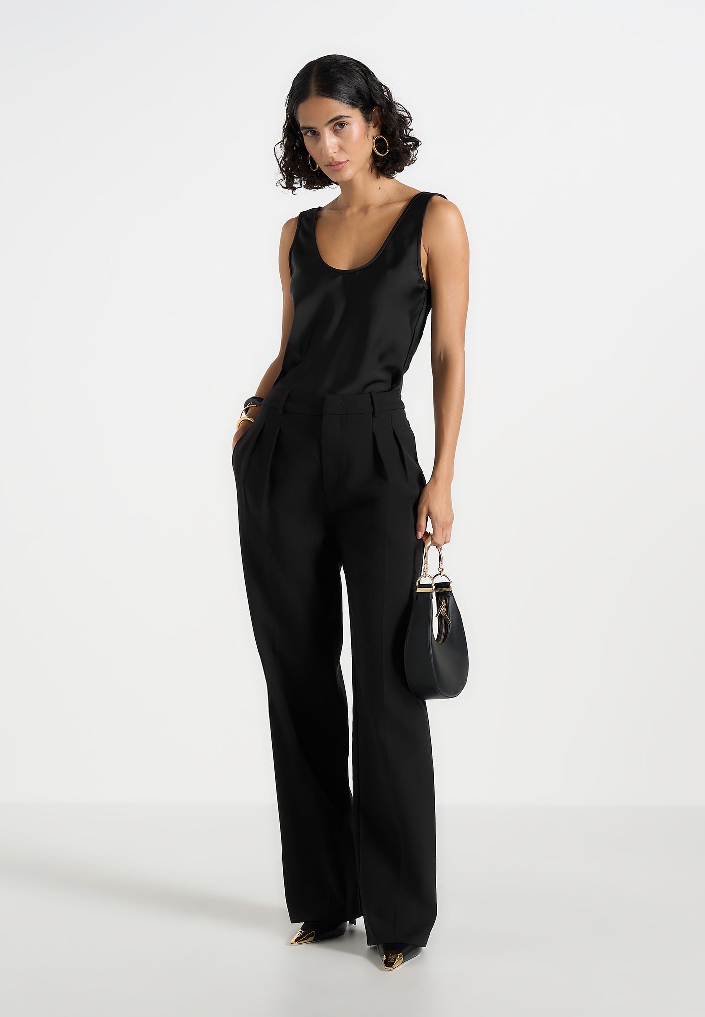 Mathilda - Satin Scoop Neck Open Back Vest - Black