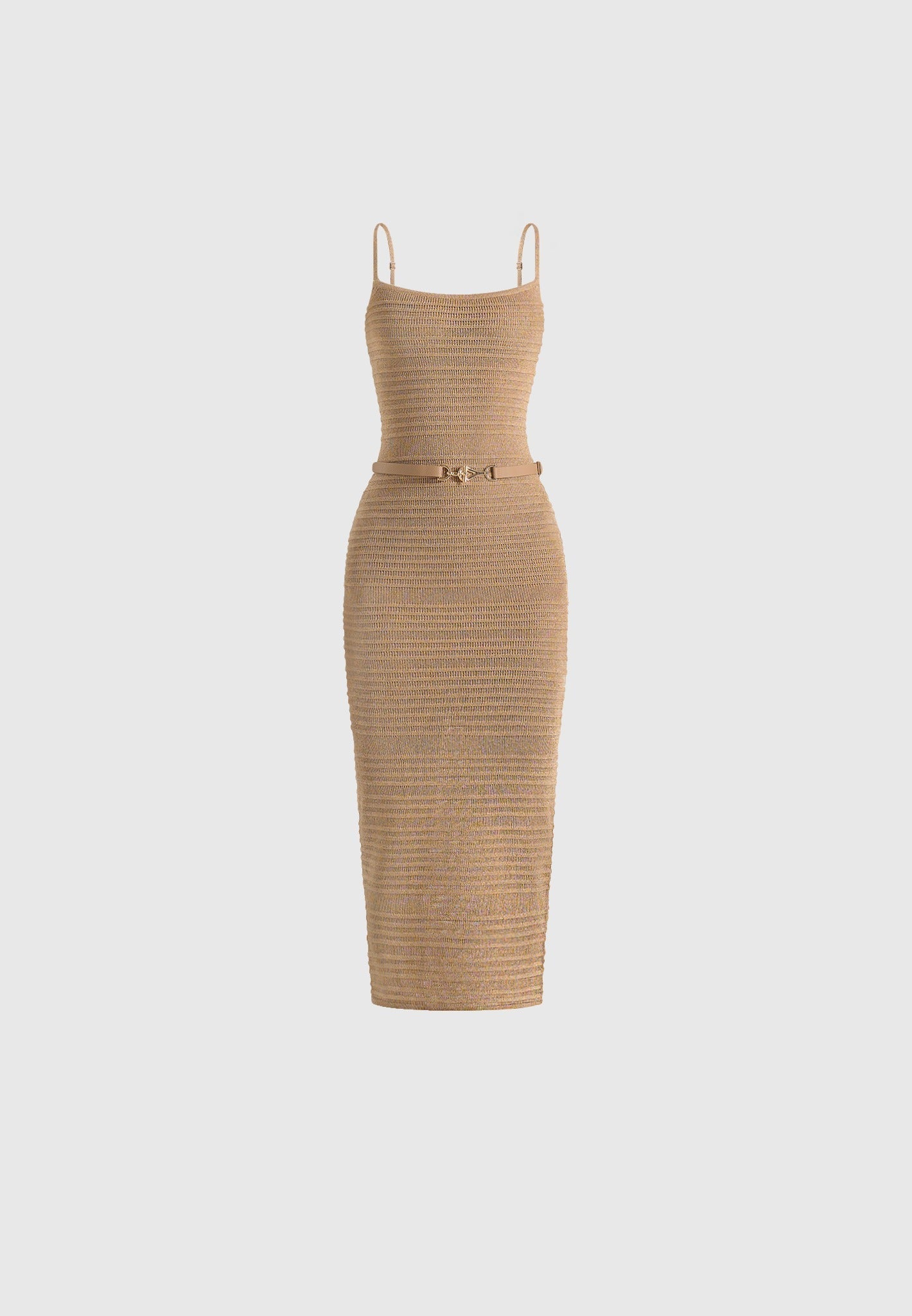 Danika - Metallic Rib Knit Belted Midi Dress - Gold