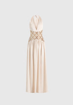 Ava - Halterneck Embellished Corset Gathered Maxi Dress - Cream