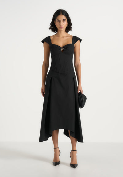Faith - Cap Sleeve Corset Cotton Midi Dress - Black