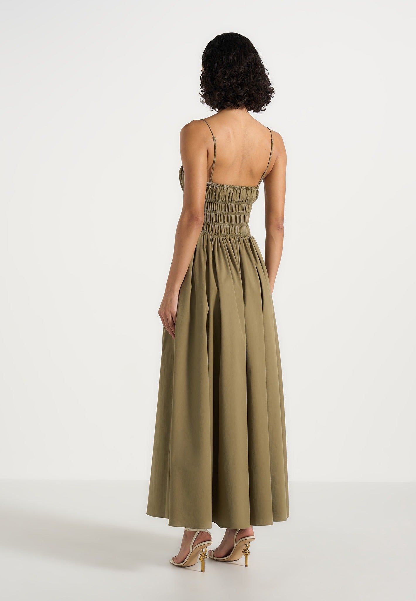 Elva - Smocked Waist Cotton Maxi Dress - Khaki