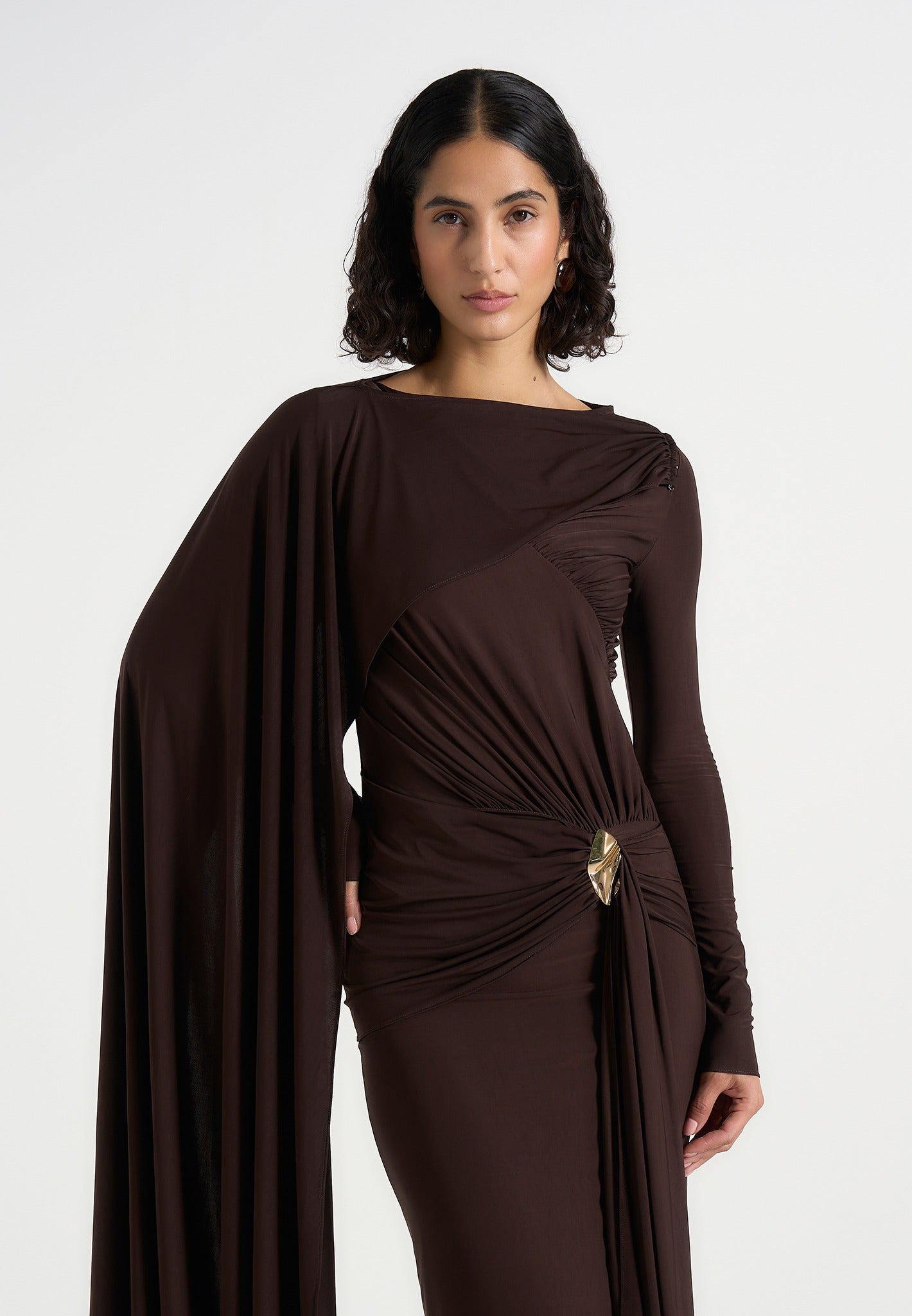 Edena - Asymmetric Ruched Draped Maxi Dress - Brown