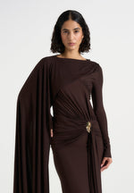 Edena - Asymmetric Ruched Draped Maxi Dress - Brown