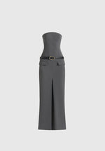 Tabitha - Tailored Pinstripe Bandeau Belted Maxi Dress - Grey