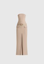 Tabitha - Tailored Bandeau Belted Maxi Dress - Beige