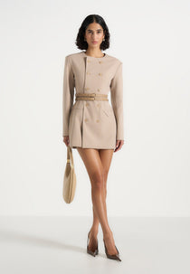 Sierra - Double Breasted Belted Blazer Dress - Beige