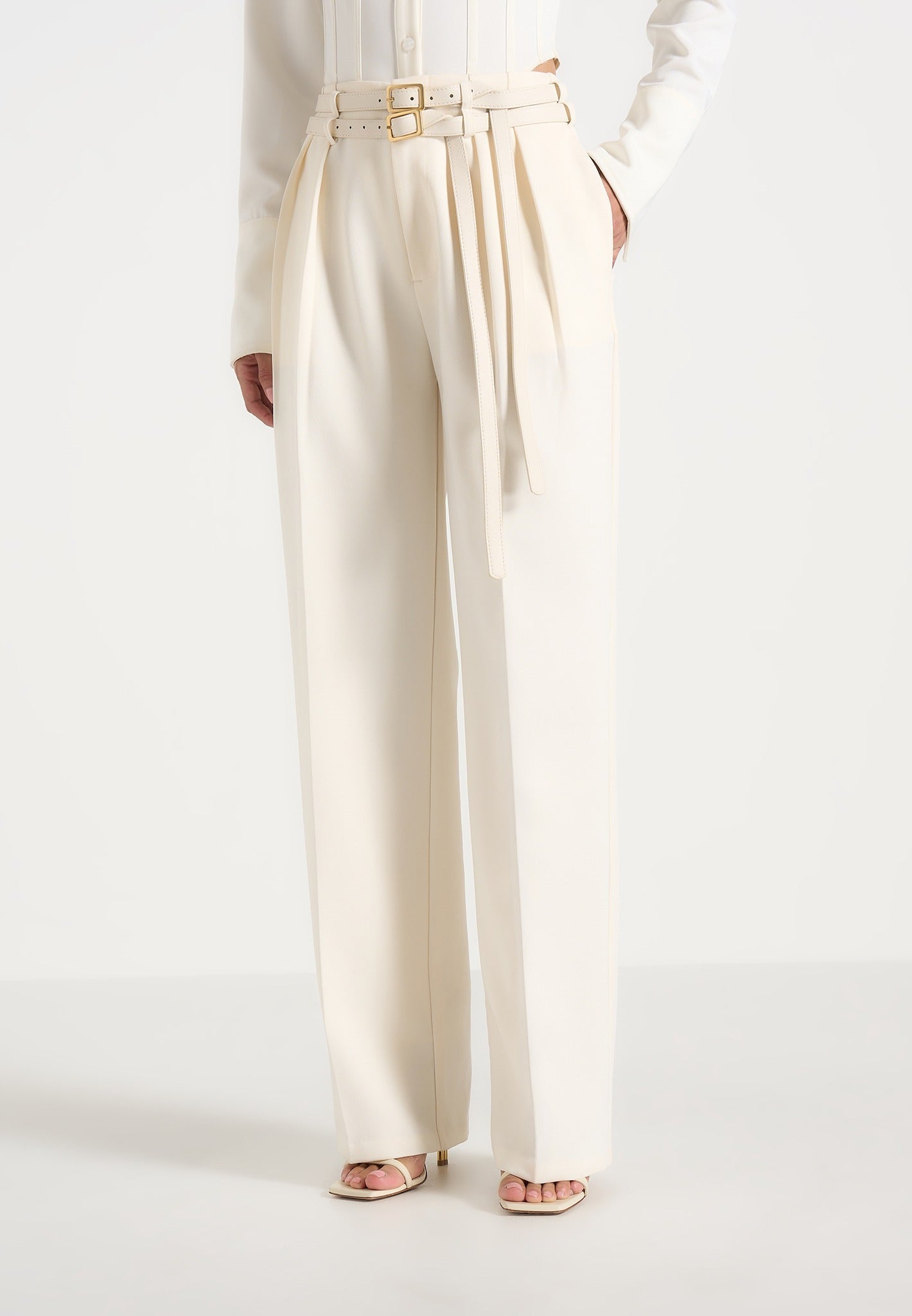 Pascale - Tailored Twin Belt Pants - Off White 