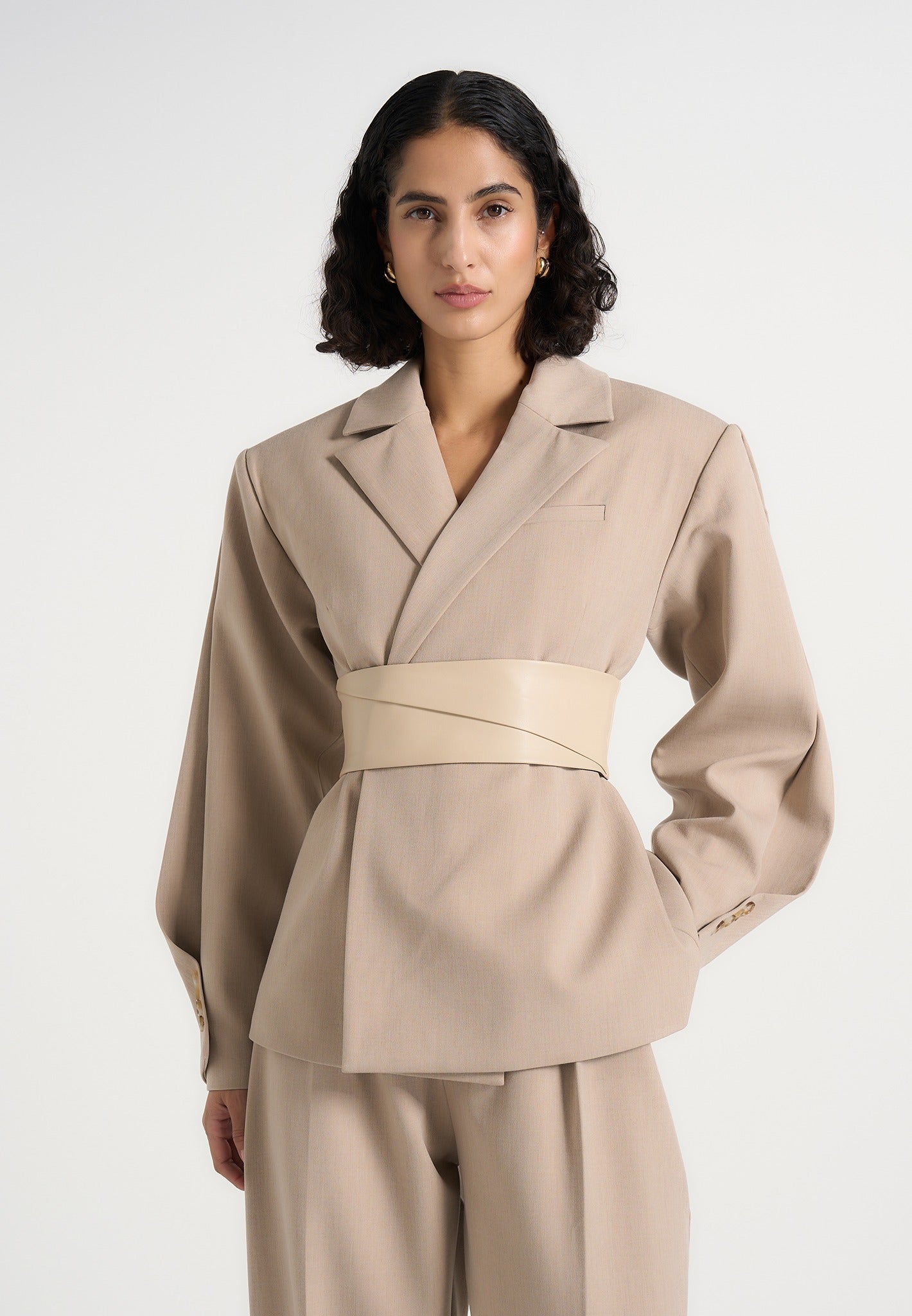 Marie - Twist Sleeve Tailored Blazer with Belt - Beige 