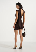 Mirena - Ruched Open Back Mini Dress With Scarf - Brown