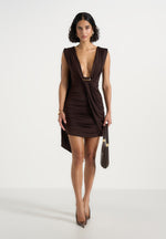 Mirena - Ruched Open Back Mini Dress With Scarf - Brown