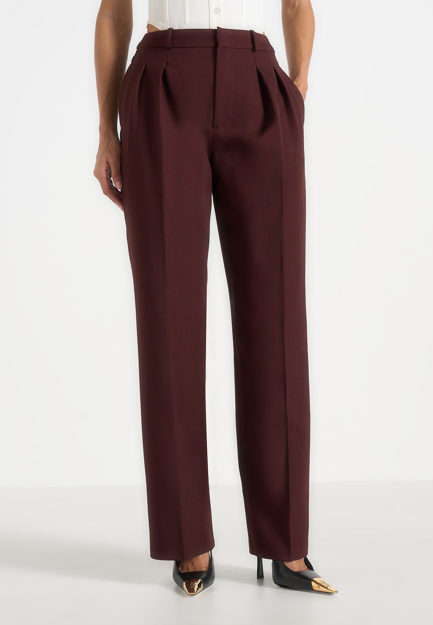 Julie - Tailored Twin Pleat Pants - Wine Red 