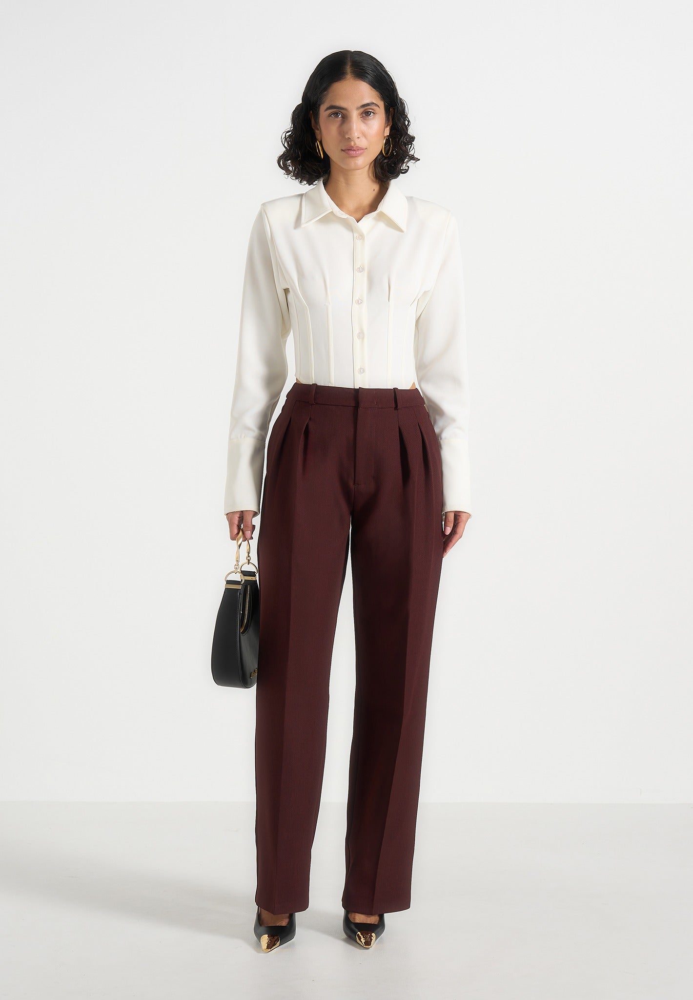 Julie - Tailored Twin Pleat Pants - Wine Red 