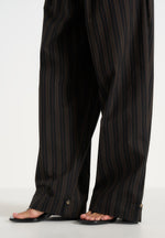 Ivanna - Elasticated Wide Leg Striped Cotton Pants - Black/Brown
