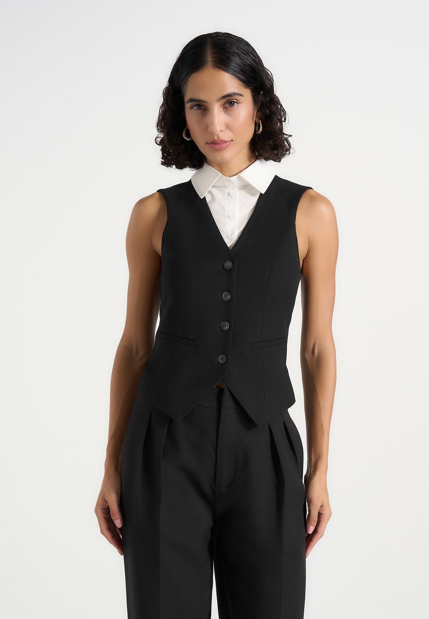 Irene - Collar Detail Cinched Suit Vest - Black/White 