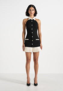 Jasmine - Halterneck Pleated Mini Dress - Black