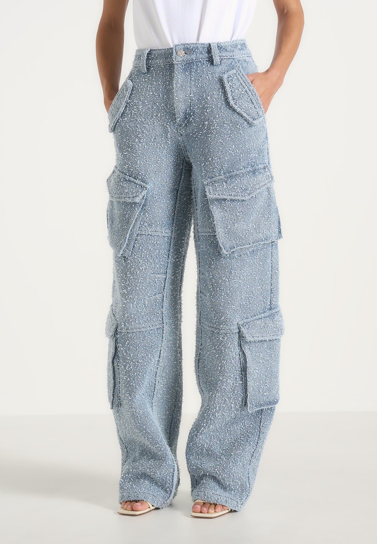 Anne - High Waisted Boucle Denim Cargo Pants - Mid Blue