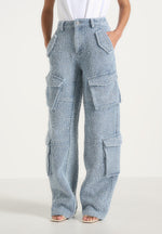 Anne - High Waisted Boucle Denim Cargo Pants - Mid Blue