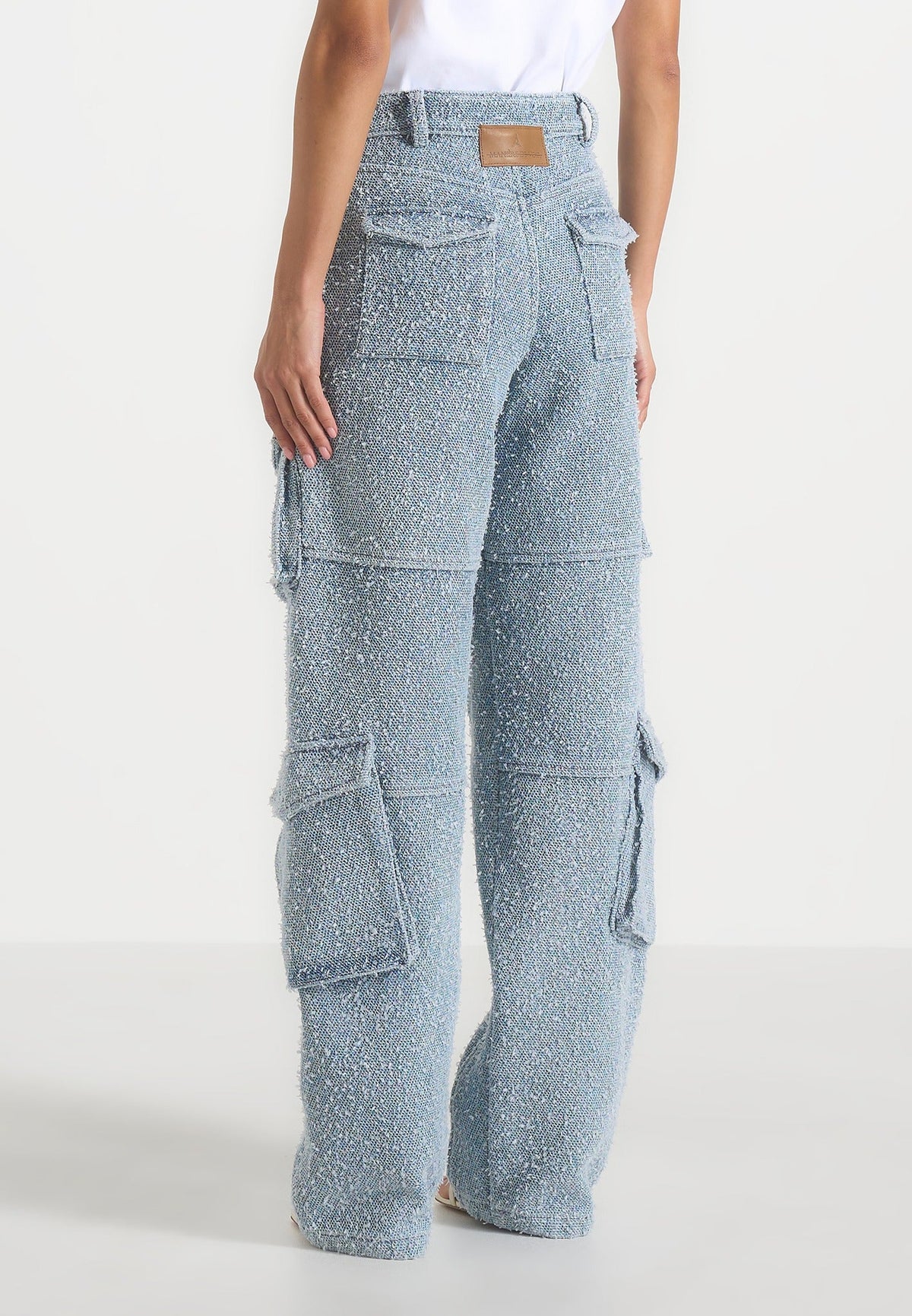 Anne - High Waisted Boucle Denim Cargo Pants - Mid Blue