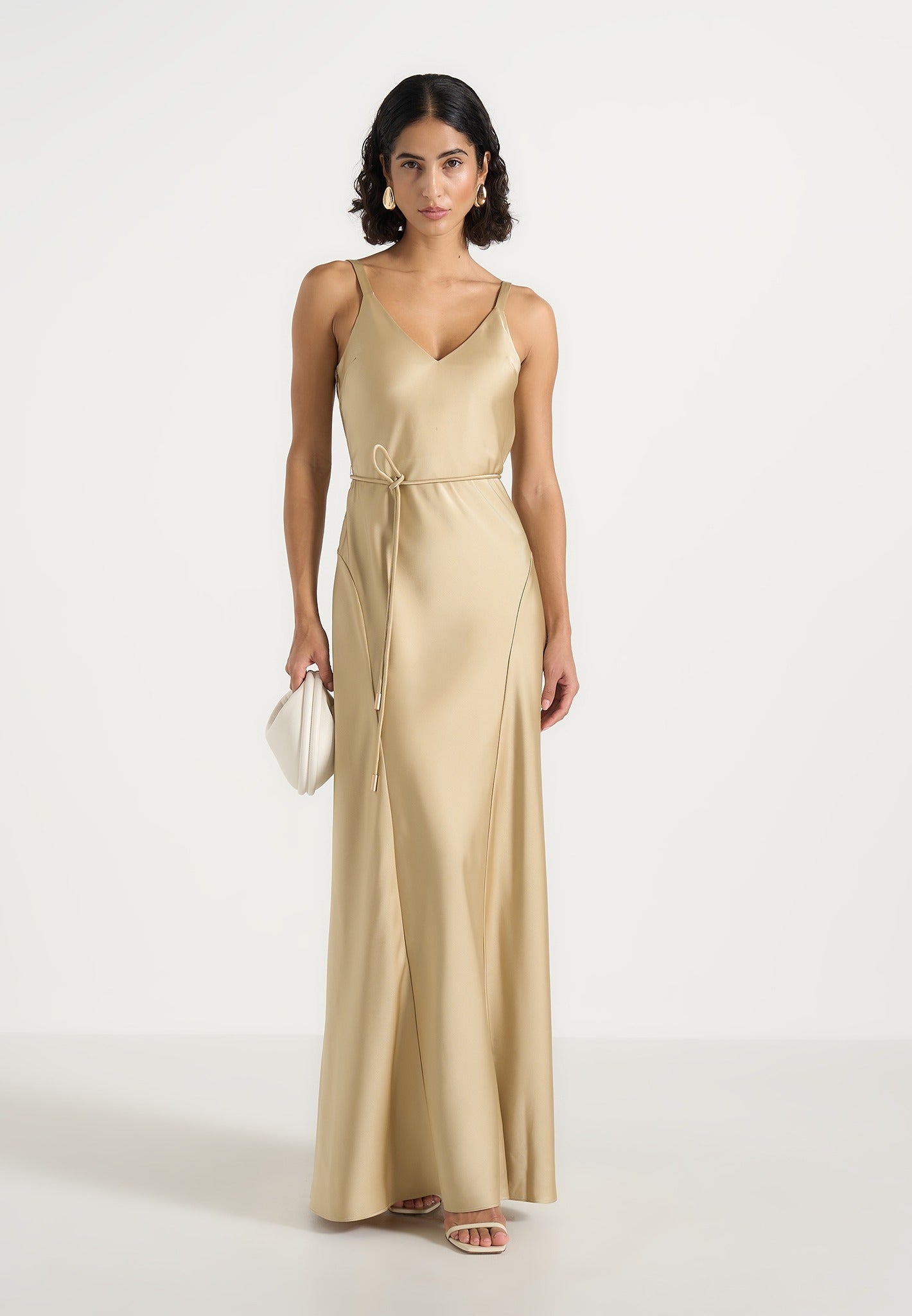 Saffron - Satin Belted Maxi Dress - Gold 