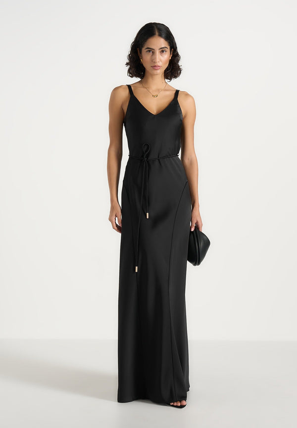 Saffron - Satin Belted Maxi Dress - Black