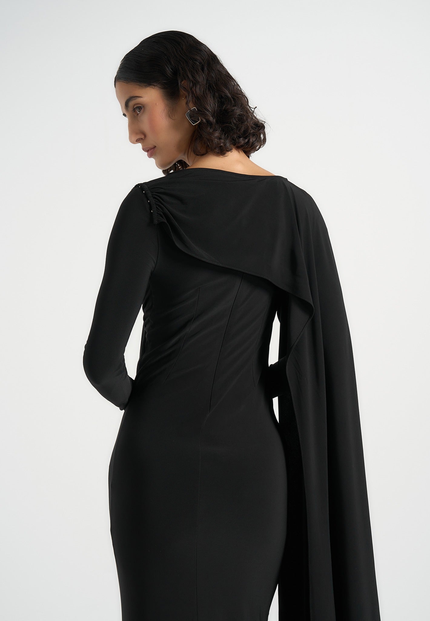 Edena - Asym Ruched Draped Maxi Dress - Black