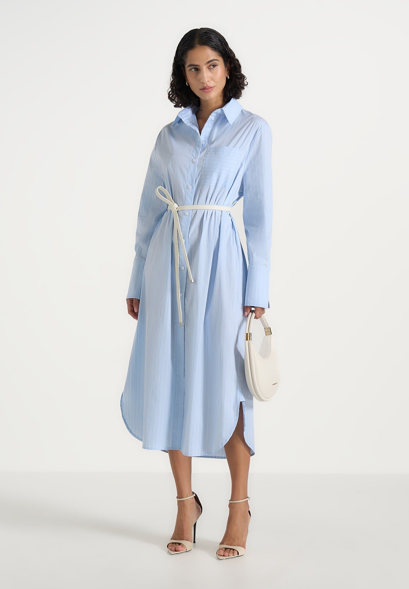 Isa - Belted Pinstripe Cotton Midi Shirt Dress - Pale Blue 