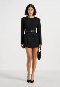 Sierra - Double Breasted Belted Blazer Dress - Black