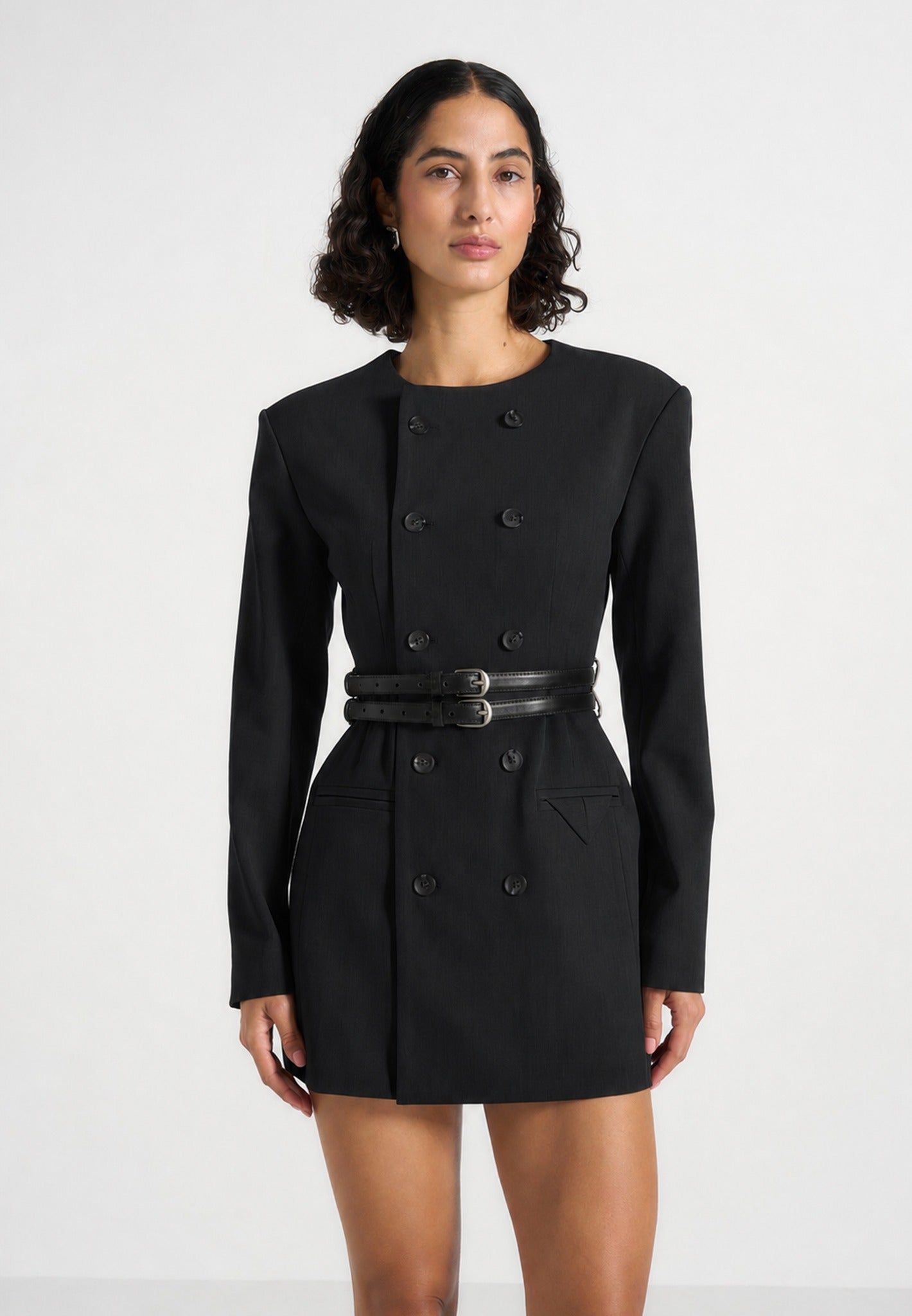 Sierra - Double Breasted Belted Blazer Dress - Black 