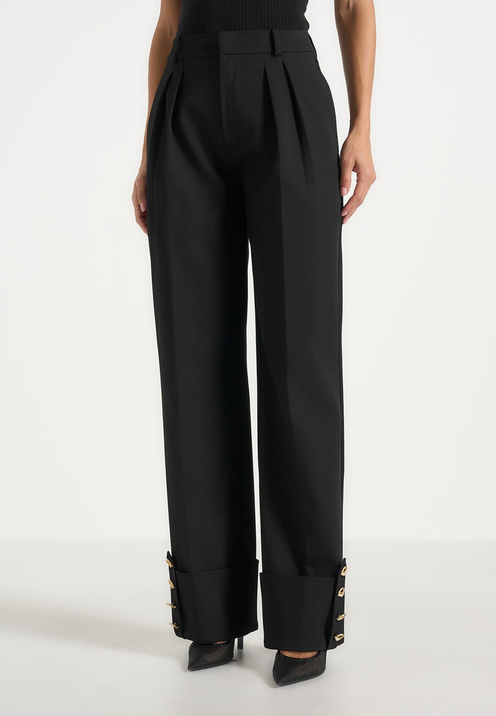 Darlene - Turn Up Detail Tailored Twin Pleat Pants - Black
