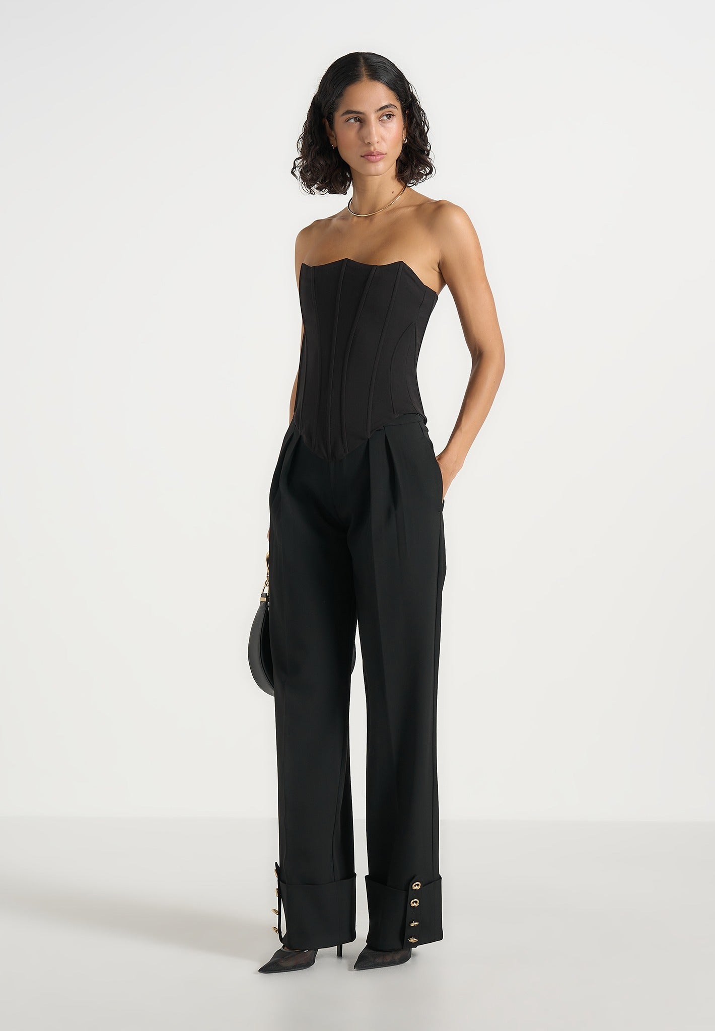 Darlene - Turn Up Detail Tailored Twin Pleat Pants - Black