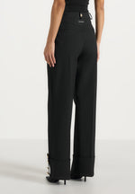 Darlene - Turn Up Detail Tailored Twin Pleat Pants - Black