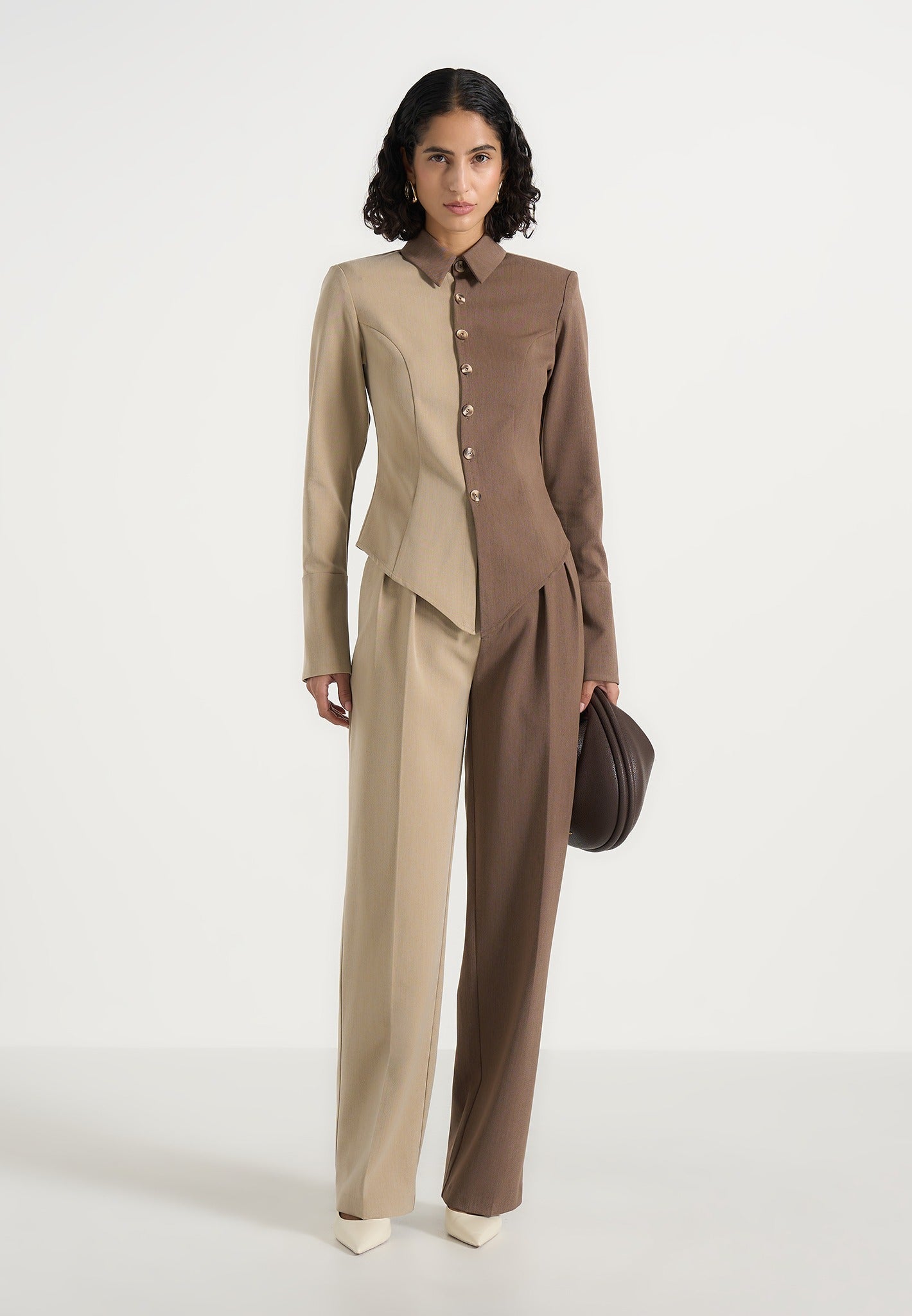 Sonia - Two Tone Tailored Shirt - Taupe/Brown