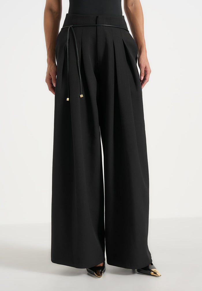 Flora - Box Pleat Wide Leg Belted Pants - Black