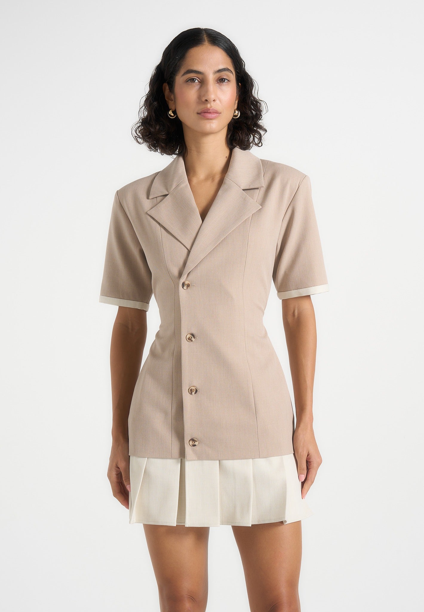 baya-tailored-cinch-waist-pleated-blazer-dress-beige