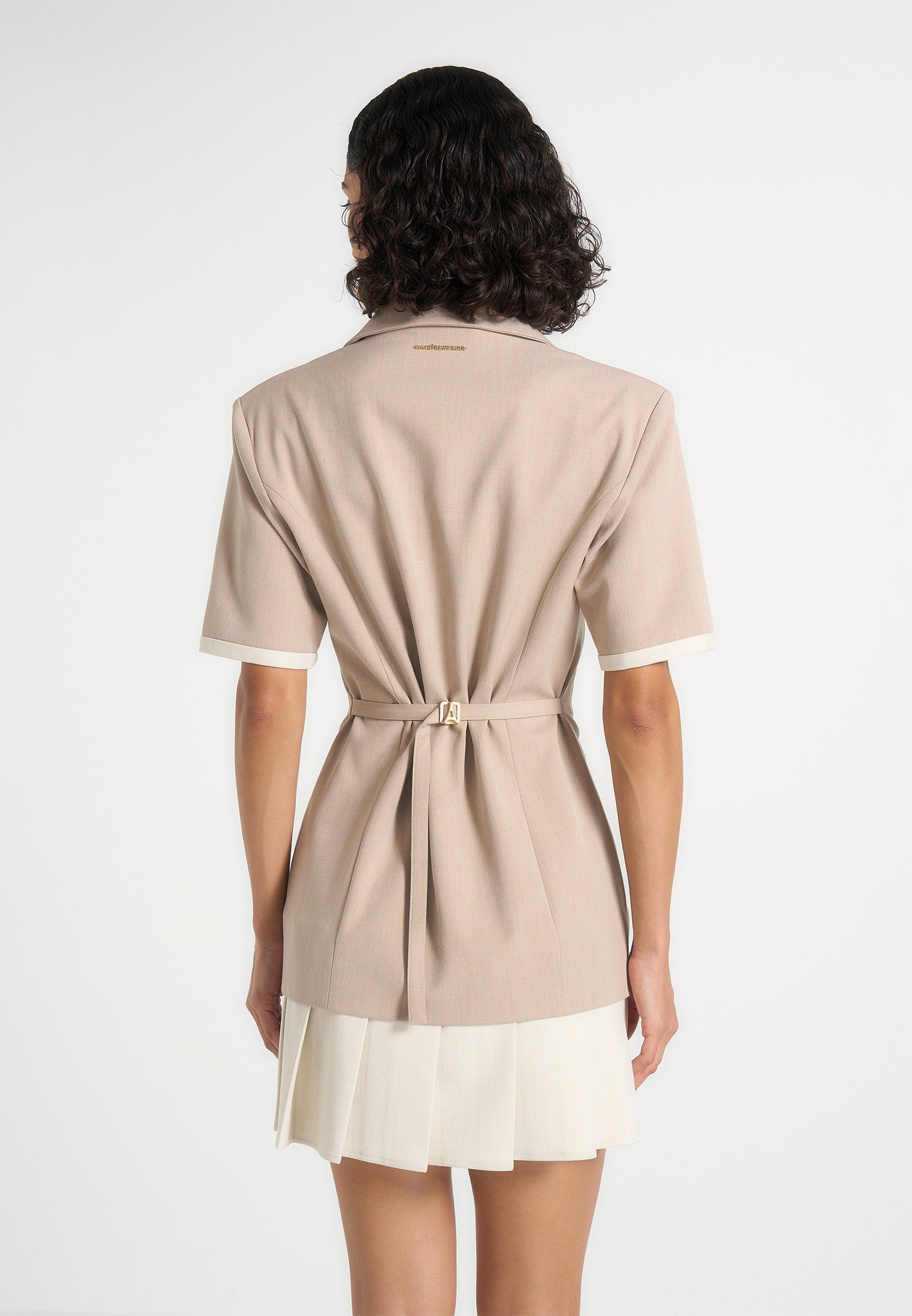 baya-tailored-cinch-waist-pleated-blazer-dress-beige