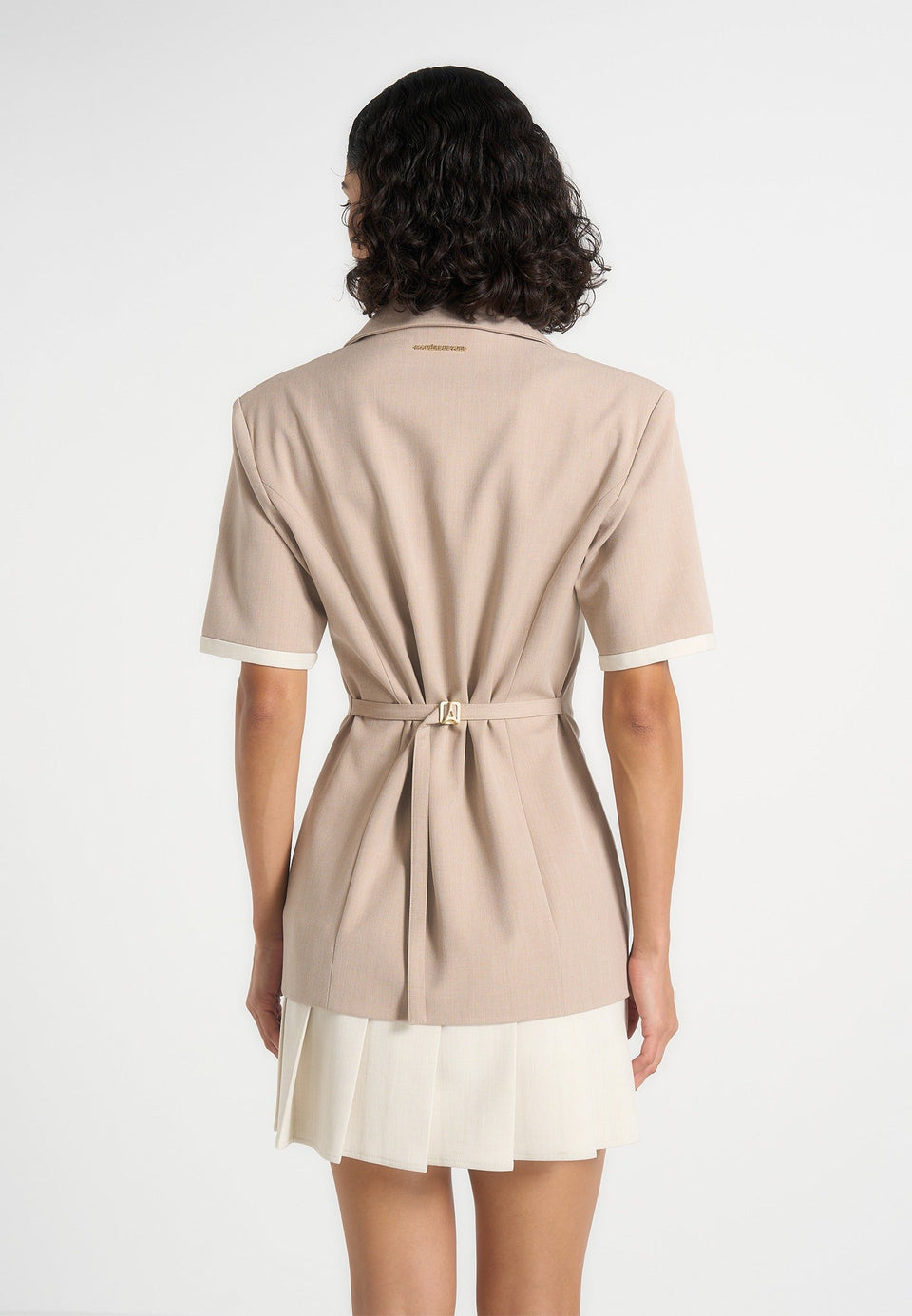 baya-tailored-cinch-waist-pleated-blazer-dress-beige