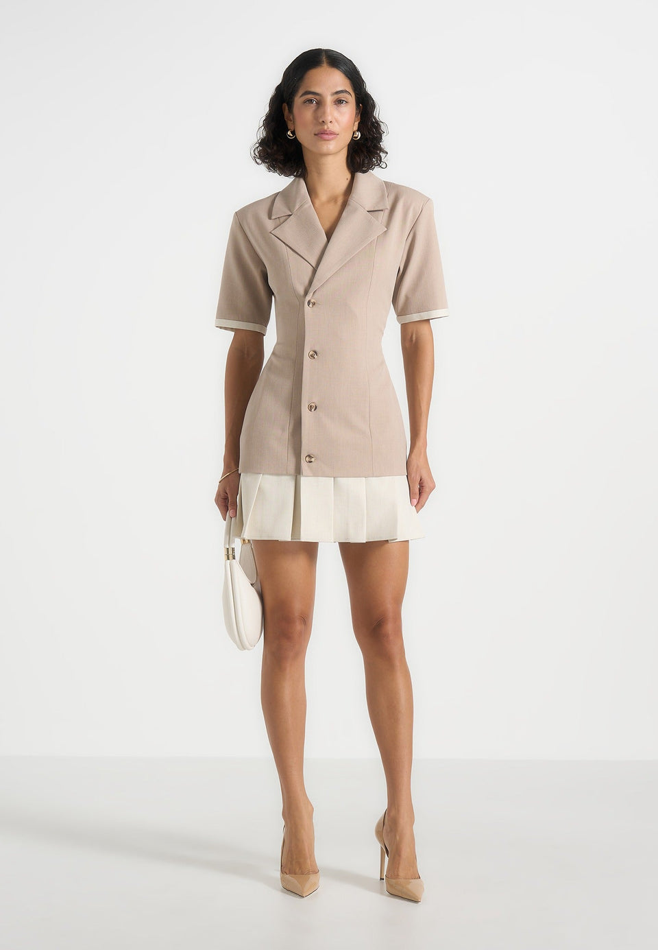 baya-tailored-cinch-waist-pleated-blazer-dress-beige