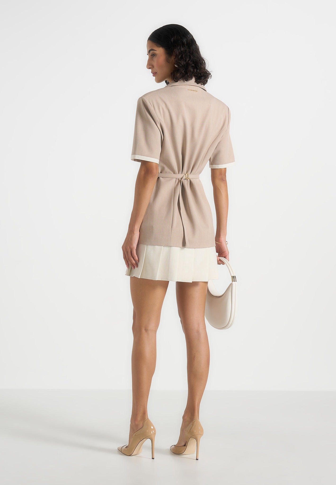 baya-tailored-cinch-waist-pleated-blazer-dress-beige