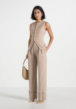 Darlene - Turn Up Detail Tailored Twin Pleat Pants - Beige