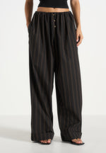 Ivanna - Elasticated Wide Leg Striped Cotton Pants - Black/Brown