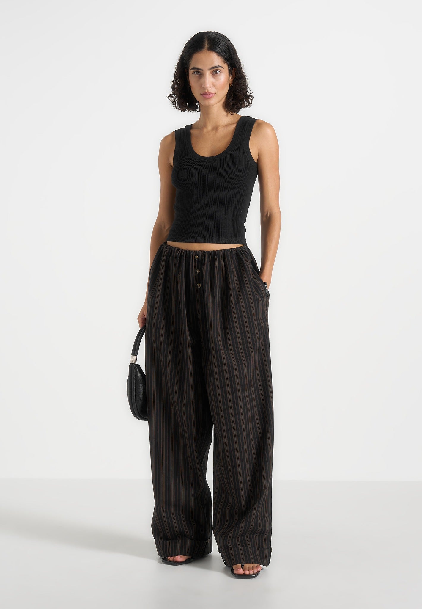 Ivanna - Elasticated Wide Leg Striped Cotton Pants - Black/Brown 