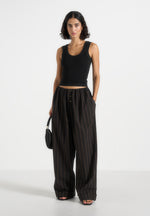 Ivanna - Elasticated Wide Leg Striped Cotton Pants - Black/Brown