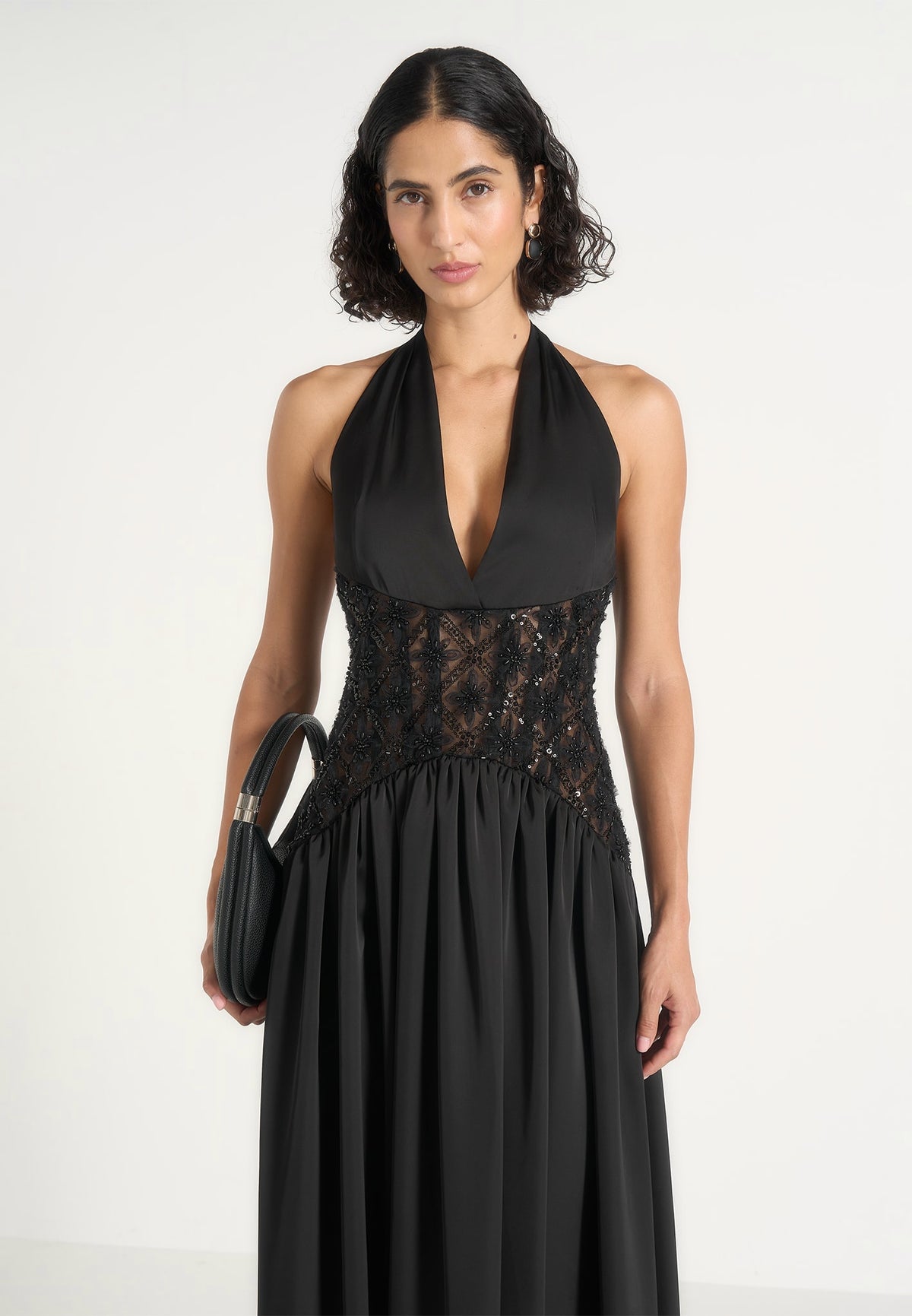 Ava - Halter Neck Embellished Corset Gathered Maxi Dress - Black