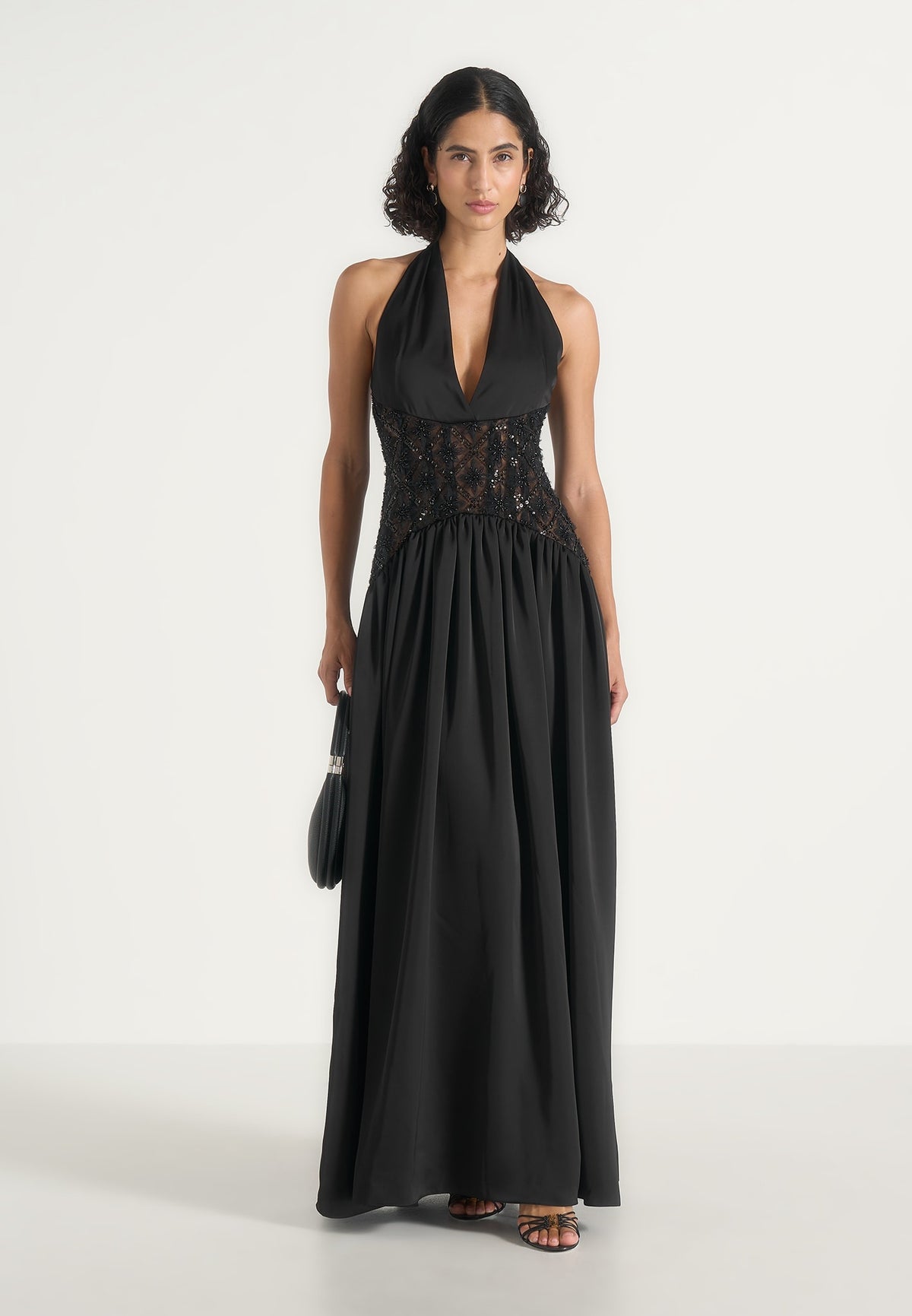 Ava - Halter Neck Embellished Corset Gathered Maxi Dress - Black